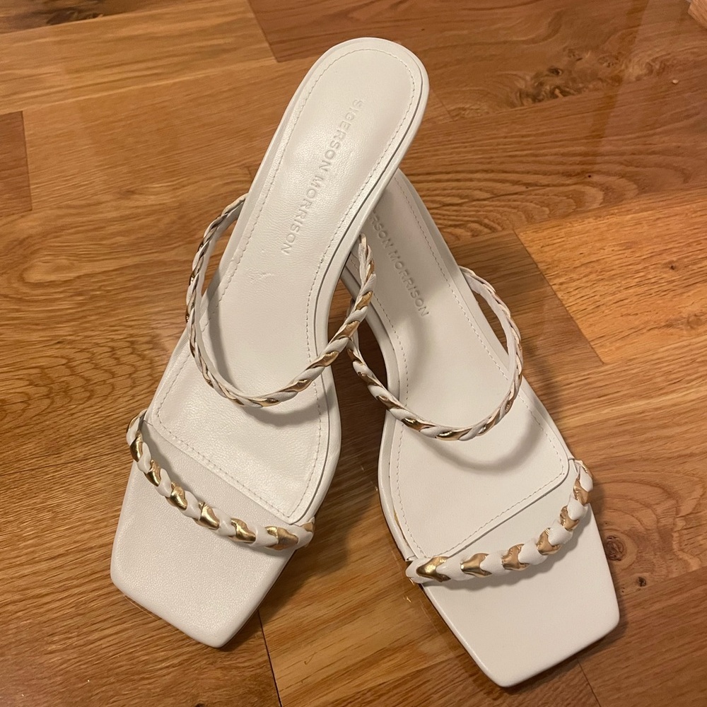 Sigerson Morrison White and Gold Braided Abnel Mule Low Heel Sandal Size 38
